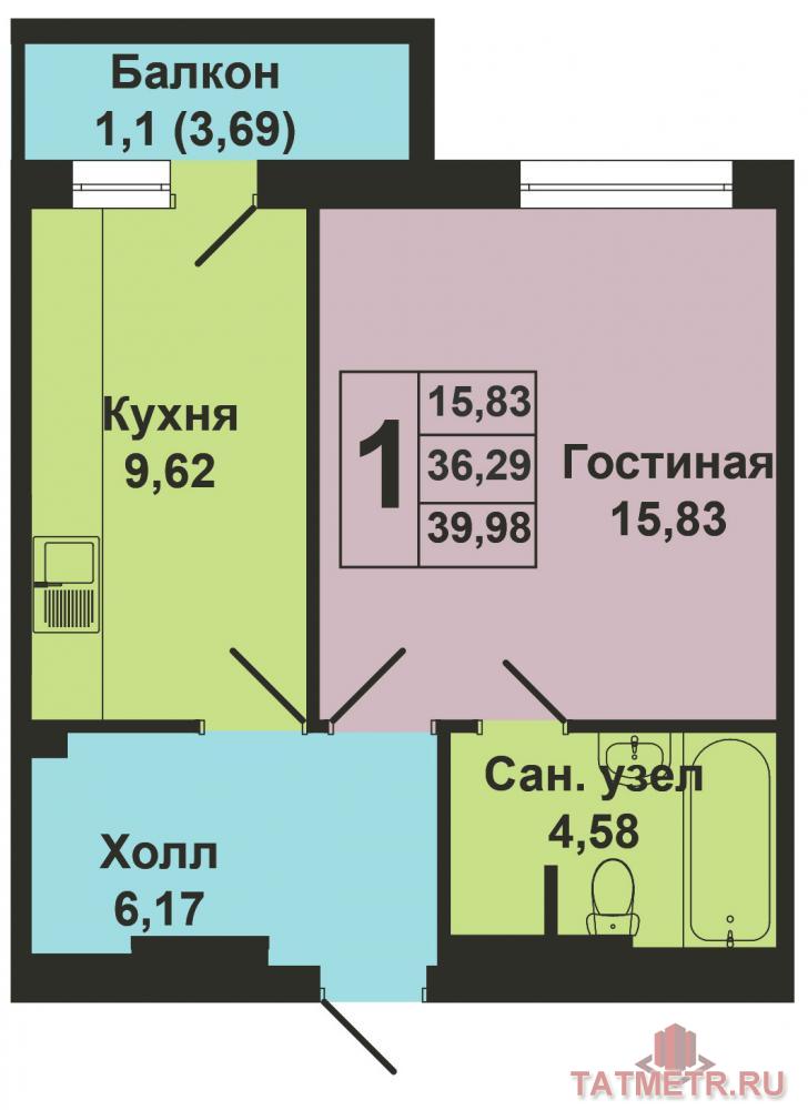 Продажа / Квартиры, Казань, Зирекле улица, 2 323 200 Продается однокомнатная квартира площадью 36.30 кв.м. в жилом комплексе 'Green'. Это новый жилой комплекс от... - 5
