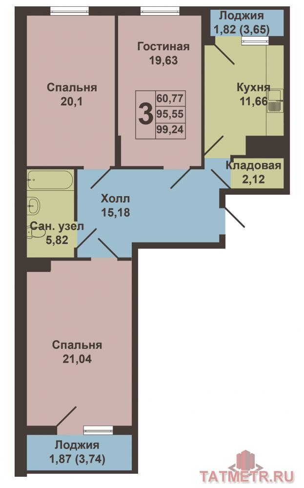 Продажа / Квартиры, Казань, Роторная улица, 4 990 000 Приволжский район, ул. Роторная, 27б. Продается трехкомнатная квартира в ЖК «Возрождение» (Симфония) по адресу... - 3