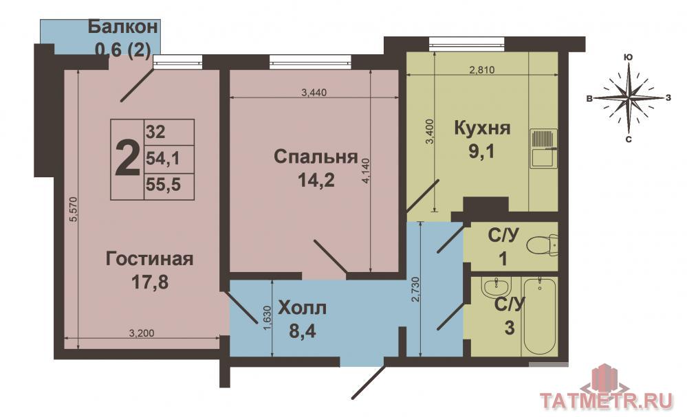 Продажа / Квартиры, Казань, Ямашева проспект, 4 200 000 Казань, Ново-Савиновский район, ул. Ямашева, д.61. Двухкомнатная квартира площадью 54 кв.м., комнаты раздельные 17, 8... - 7
