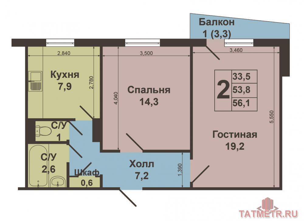 Продажа / Квартиры, Казань, Маршала Чуйкова улица, 3 450 000 Внимание! Выставлена на продажу отличная 2-х комнатная квартира, площадью 54 кв. метра, расположенаая по адресу... - 7