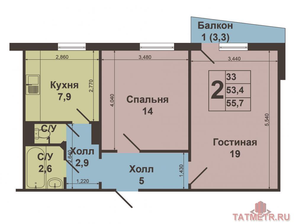Продажа / Квартиры, Казань, Академика Глушко улица, 3 550 000 Продается уютная 2-комнатная квартира в Советском районе по ул.Глушко, д.7 общей площадью 53.4 кв.м на 6-м этаже... - 12