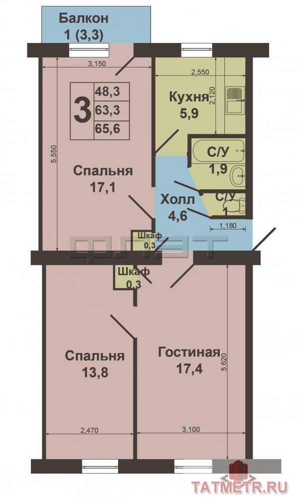 Казань, Московский район, ул. Шамиля Усманова, д. 32. Продам 3-х комнатную квартиру с отличной планировкой, Общая... - 9