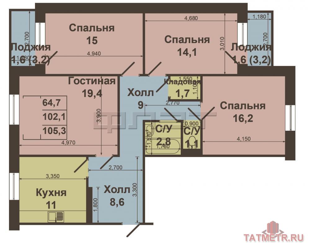Продажа / Квартиры, Казань, Победы проспект, 5 150 000 Приволжский район, Проспект Победы, д.100. Продаю четырехкомнатную квартиру на11/15этаже монолитного дома, 103, 4... - 7