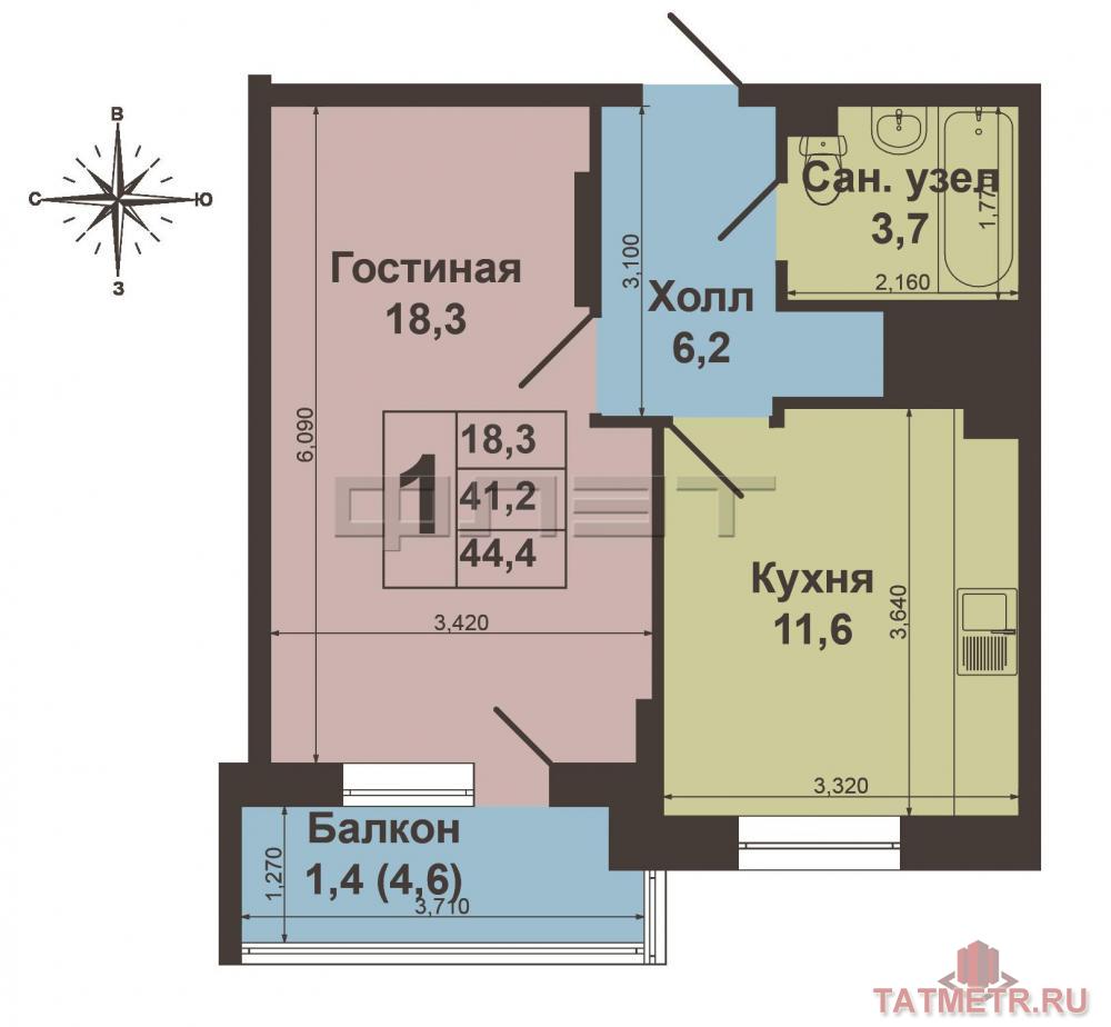 Продажа / Квартиры, Казань, Зилантовская улица, 2 100 000 Казань. Продается Однокомнатная квартиру по ул. Зилантовская 22, Общая площадь 44, 4 кв.м. большая кухня 11, 6 кв.м.,... - 8