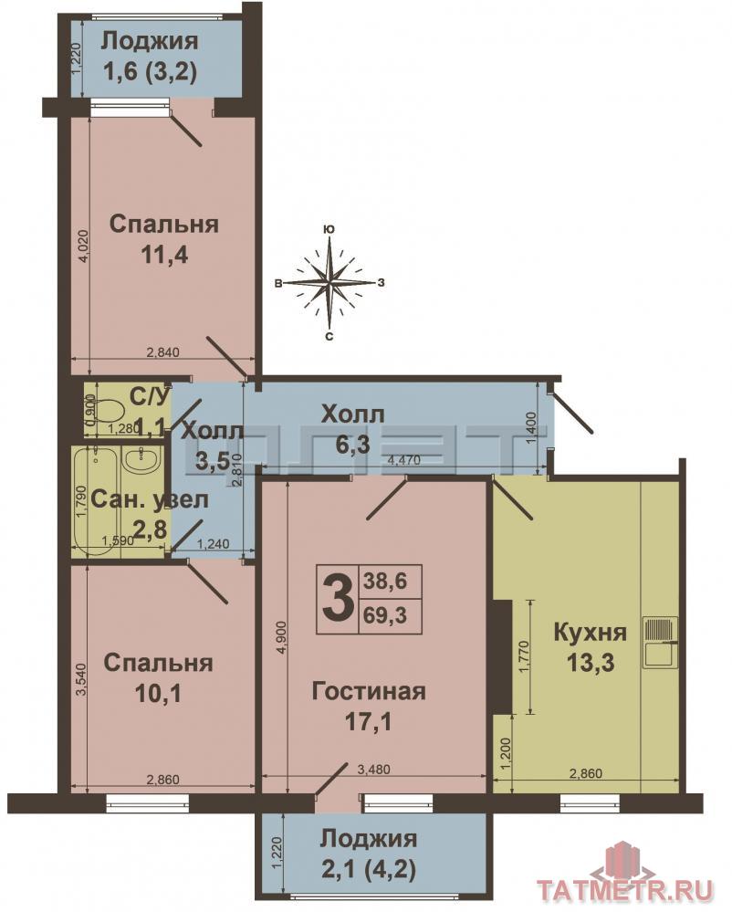 Продажа / Квартиры, Осиново, М улица.Ф.Гайсина, 3 700 000 Продается шикарная 3-к квартира в современном Жилом Комплексе «Радужный», по ул. Гайсина 1, Осиново. Дом 2012... - 9