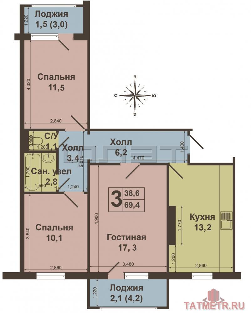 Продажа / Квартиры, Осиново, Садовая улица, 3 400 000 ЖК «Радужный», Продается большая 3-х комнатная квартира по ул. Садовая д. 4, Площадь общ. 69, 4, жилая 38, 9,... - 7