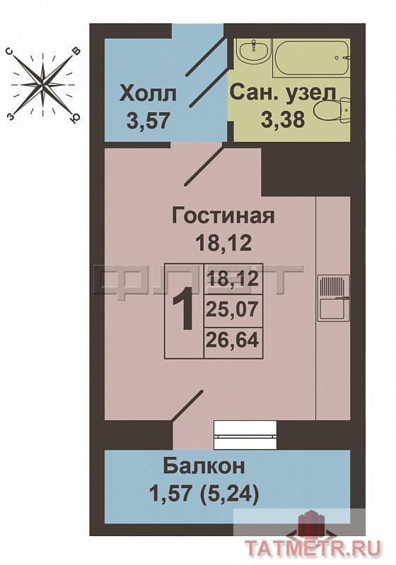 Продажа / Квартиры, Казань, Счастливая улица, 1 308 500 Продается однокомнатная квартира-студия площадью 26.17 кв.м. в жилом комплексе 'Счастливый'. Это монолитно-кирпичные... - 4