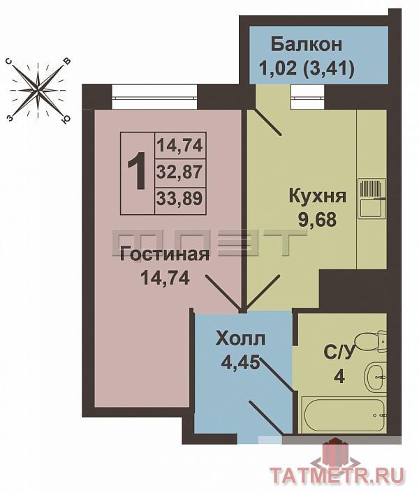 Продажа / Квартиры, Казань, Счастливая улица, 1 663 500 Продается однокомнатная квартира площадью 33.27 кв.м. в жилом комплексе 'Счастливый'. Прекрасная планировка: гостиная... - 6