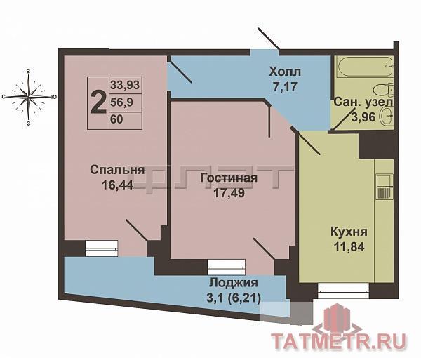 Продается двухкомнатная квартира площадью 59.35 кв.м. в ЖК 'Три Богатыря'. Планировка продумана до мелочей:... - 7