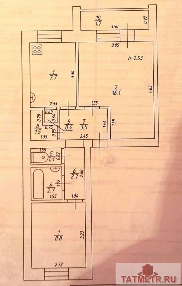 Продажа / Квартиры, Казань, улица Космонавтов, 4 450 000 Казань г, Советский, улица Космонавтов 43, 2 комн., общ. пл. 44.7 кв.м., жил.пл. 24.9 кв.м., комнаты 8.8/16.1, кухня... - 18