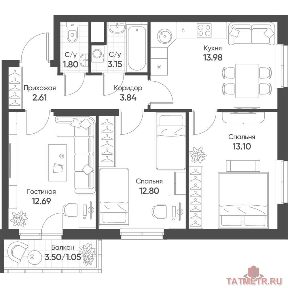 Продажа / Квартиры, Казань, Архитектора Гайнутдинова улица, 9 294 674 Продается 3-комн. квартира, площадью 65.02 м2 в монолитно-кирпичной новостройке в 8 мин. транспортом от м. Горки....