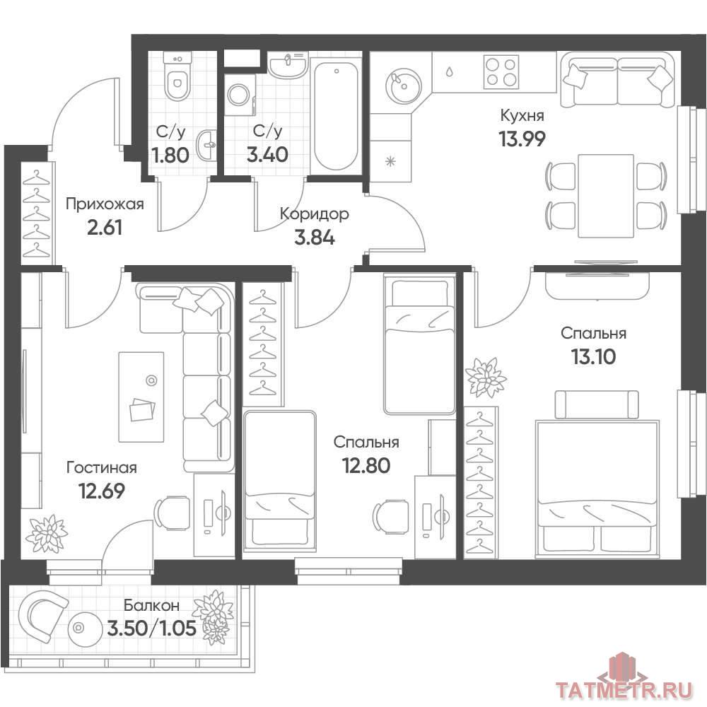 Продажа / Квартиры, Казань, Архитектора Гайнутдинова улица, 9 310 631 Продается 3-комн. квартира, площадью 65.28 м2 в монолитно-кирпичной новостройке в 8 мин. транспортом от м. Горки....