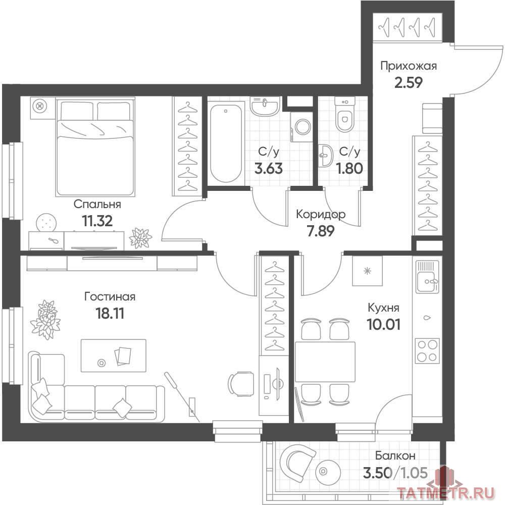 Продажа / Квартиры, Казань, Архитектора Гайнутдинова улица, 8 474 508 Продается 2-комн. квартира, площадью 56.4 м2 в монолитно-кирпичной новостройке в 8 мин. транспортом от м. Горки....