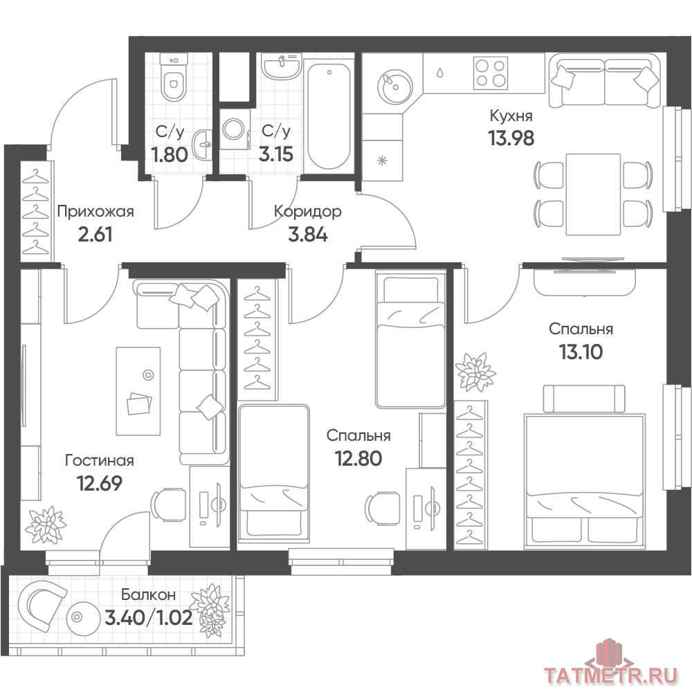 Продажа / Квартиры, Казань, Архитектора Гайнутдинова улица, 9 430 804 Продается 3-комн. квартира, площадью 64.99 м2 в монолитно-кирпичной новостройке в 8 мин. транспортом от м. Горки....